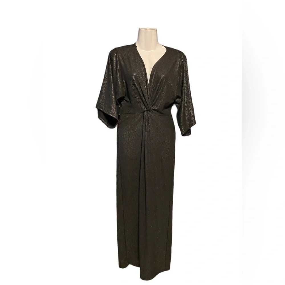 Zara Trafaluc Black Metallic V-neck Knot Front Cocktail Midi Dress